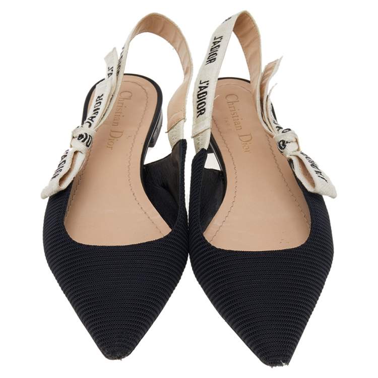 Pre Owned Dior Black Technical Fabric And J'adior Ribbon Pointed Toe Slingback Flats Size 37.5