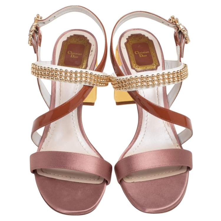 Pre Owned Dior Multicolor Patent Leather and Satin Crystal Embellished Buckle Sandals Size 40