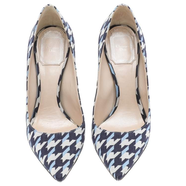 Pre Owned Dior Christian White/Blue Check Plaid Volt Canvas Pointy Toe Pump Size 35