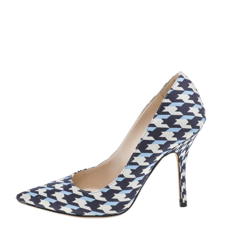 Pre Owned Dior Christian White/Blue Check Plaid Volt Canvas Pointy Toe Pump Size 35