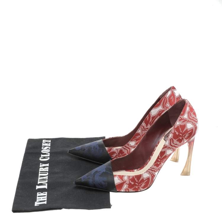 Pre Owned Dior Blue/Red Floral Brocade Fabric Pumps Size 35