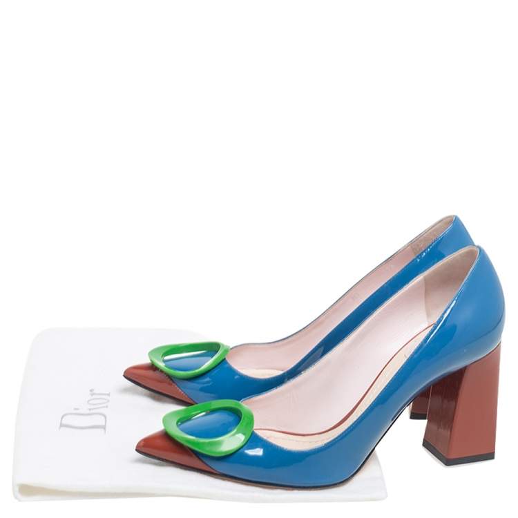 Pre Owned Dior Tricolor Patent Leather Pointed Toe Block Heel Pumps Size 37.5