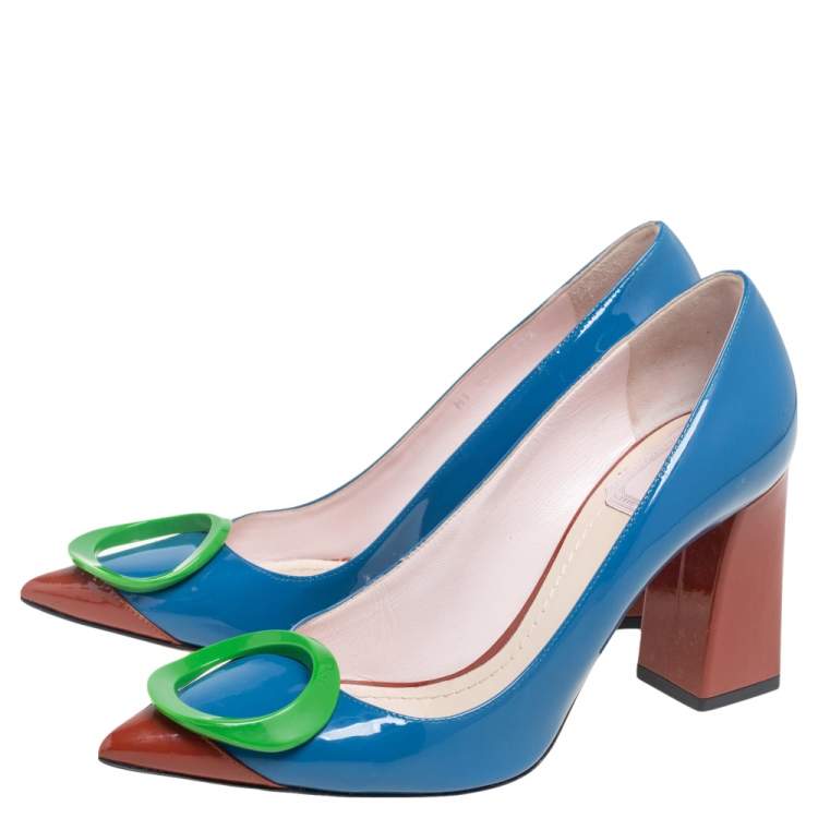 Pre Owned Dior Tricolor Patent Leather Pointed Toe Block Heel Pumps Size 37.5
