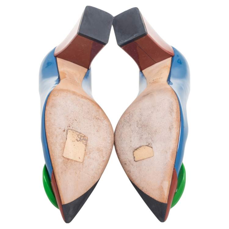 Pre Owned Dior Tricolor Patent Leather Pointed Toe Block Heel Pumps Size 37.5