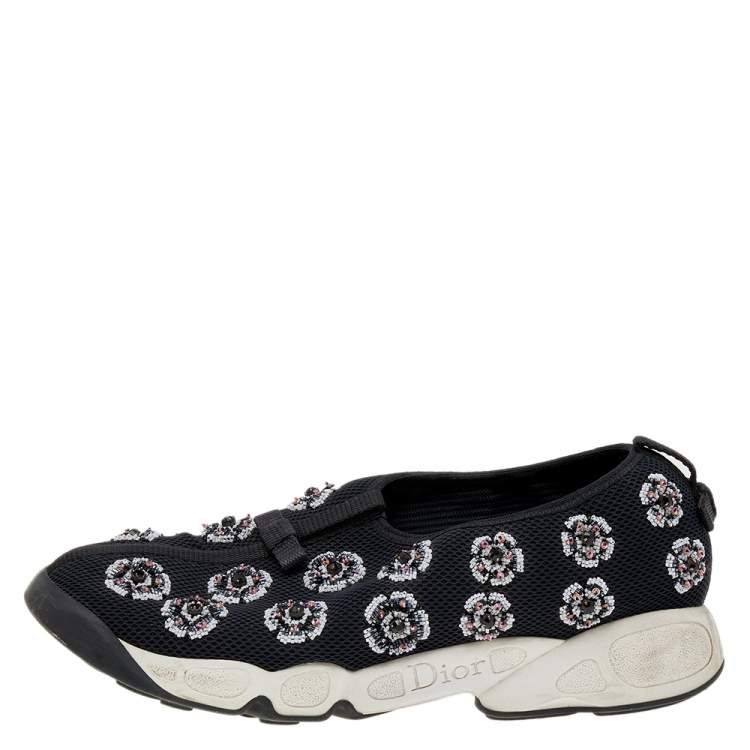 Pre Owned Dior Black Mesh Embellished Fusion Slip On Sneakers Size 39