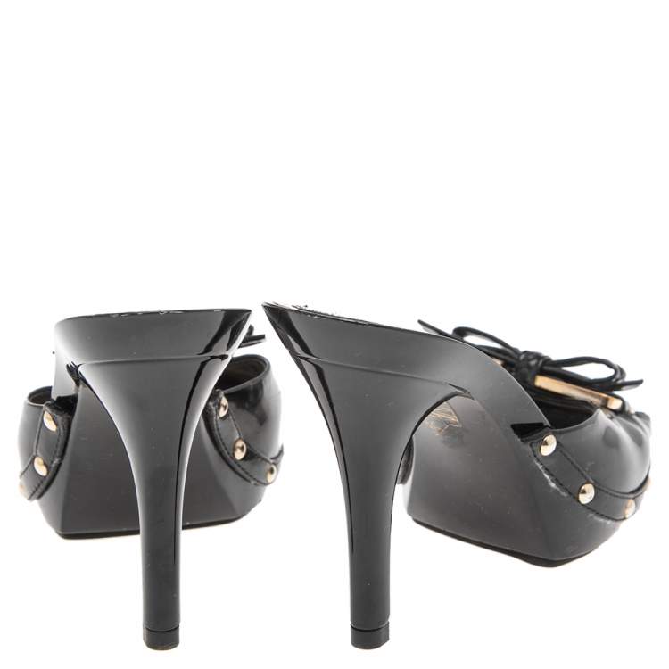 Pre Owned Dior Black Patent Leather Bow Chain Detail Open Toe Slide Sandals Size 36.5