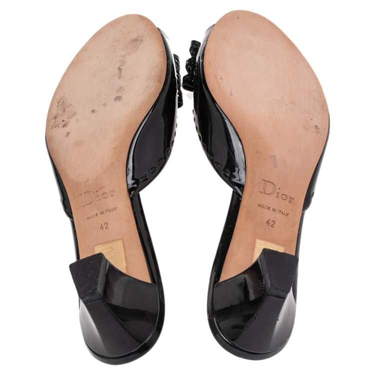 Pre Owned Dior Black Patent Leather Bow Peep Toe Slide Sandals Size 42