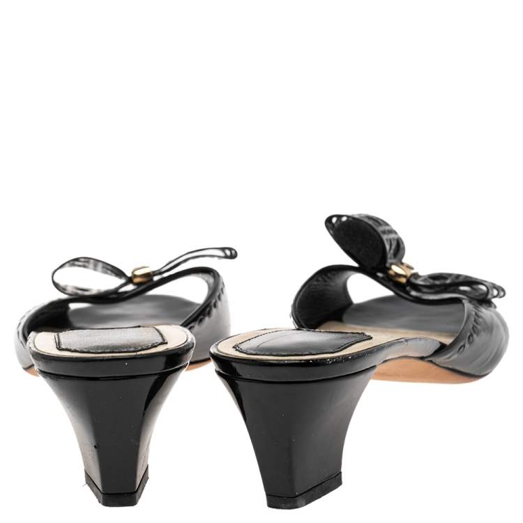 Pre Owned Dior Black Patent Leather Bow Peep Toe Slide Sandals Size 42