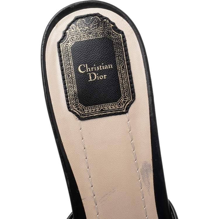 Pre Owned Dior Black Patent Leather Bow Peep Toe Slide Sandals Size 42