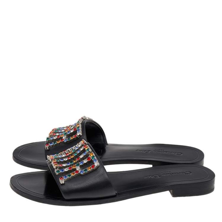 Pre Owned Dior Black Leather Diorevolution Flat Slides Size 39.5