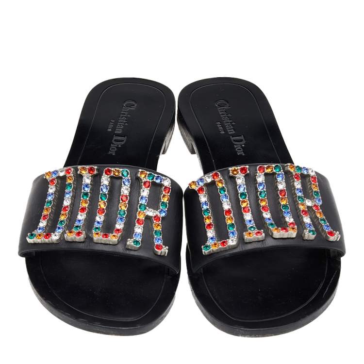 Pre Owned Dior Black Leather Diorevolution Flat Slides Size 39.5