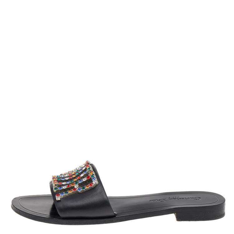 Pre Owned Dior Black Leather Diorevolution Flat Slides Size 39.5