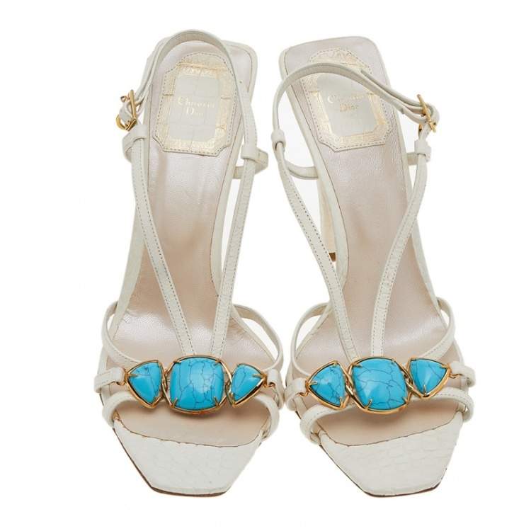 Pre Owned Christian Dior White/Blue Leather Open Toe Piedra Sandals Size 38