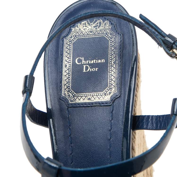 Pre Owned Dior Blue Patent Leather Espadrille Wedge T-Strap Sandals Size 39 