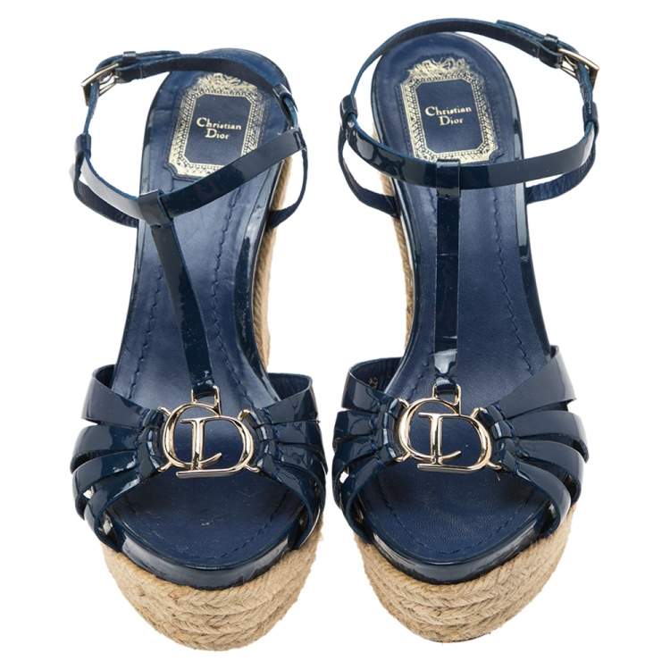 Pre Owned Dior Blue Patent Leather Espadrille Wedge T-Strap Sandals Size 39 