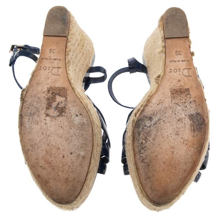 Pre Owned Dior Blue Patent Leather Espadrille Wedge T-Strap Sandals Size 39 