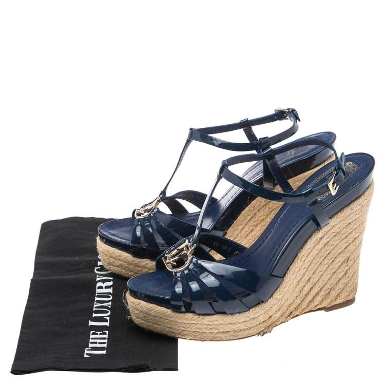 Pre Owned Dior Blue Patent Leather Espadrille Wedge T-Strap Sandals Size 39 