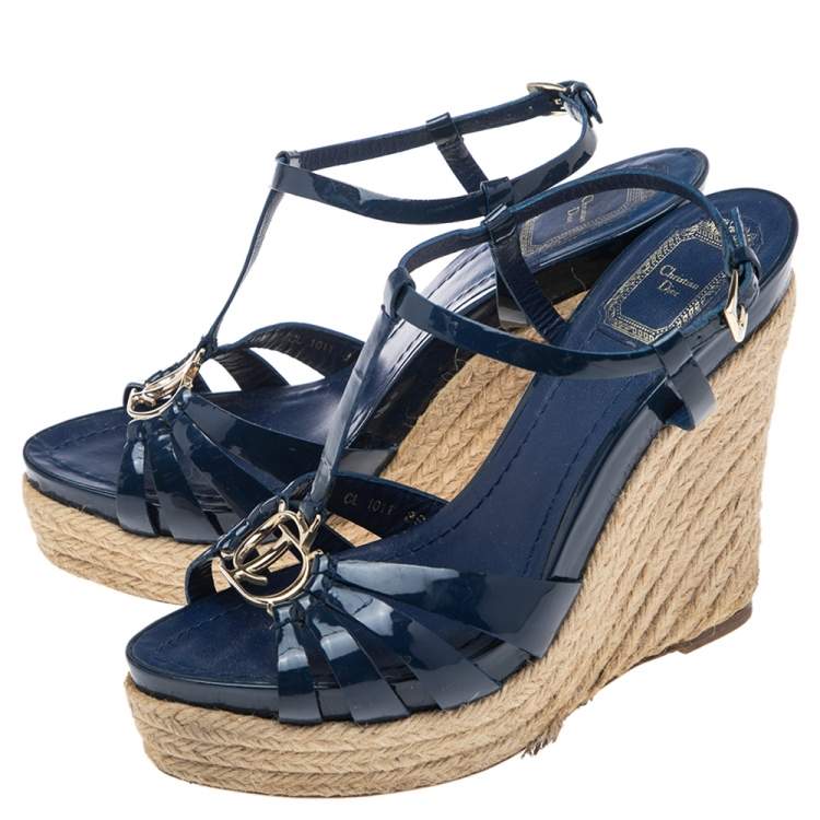 Pre Owned Dior Blue Patent Leather Espadrille Wedge T-Strap Sandals Size 39 