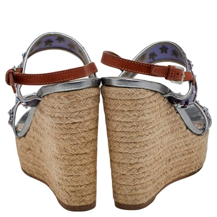 Pre Owned Dior Blue/Brown PVC And Leather Flower Embellished Wedge Platform Espadrille Sandals Size 38.5