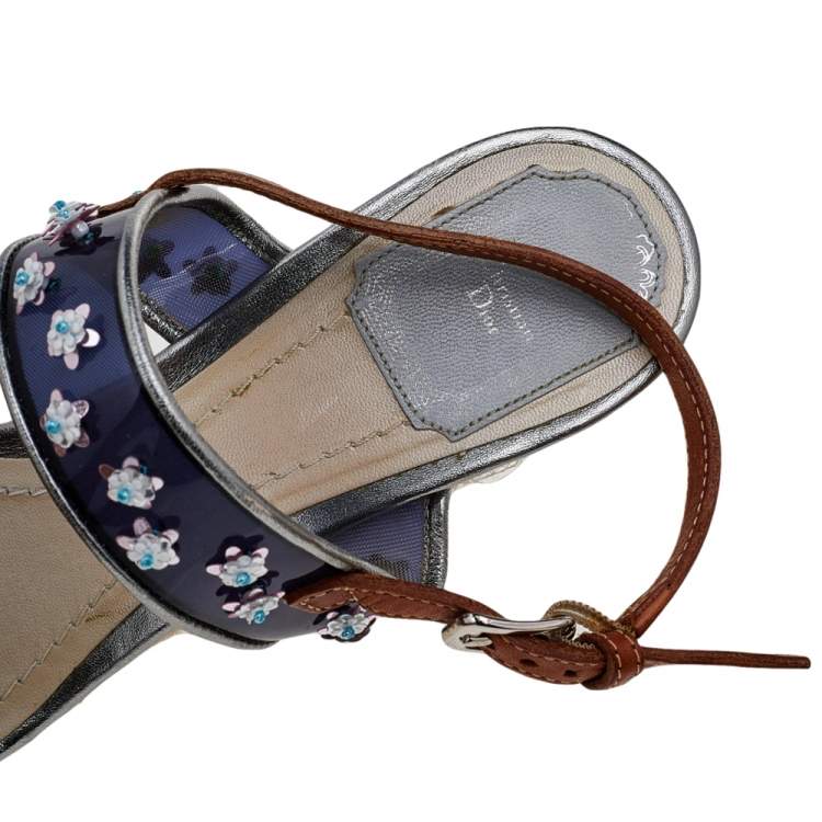Pre Owned Dior Blue/Brown PVC And Leather Flower Embellished Wedge Platform Espadrille Sandals Size 38.5