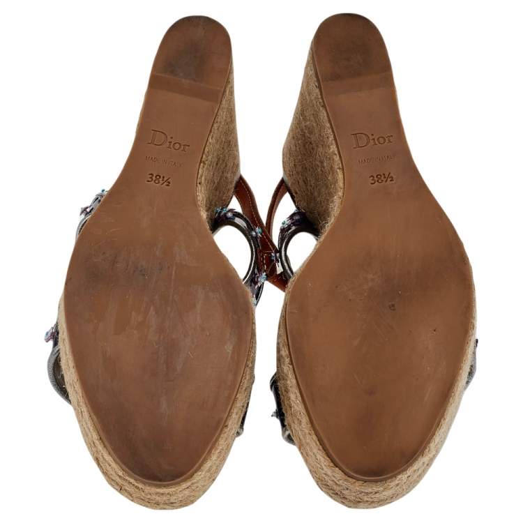 Pre Owned Dior Blue/Brown PVC And Leather Flower Embellished Wedge Platform Espadrille Sandals Size 38.5