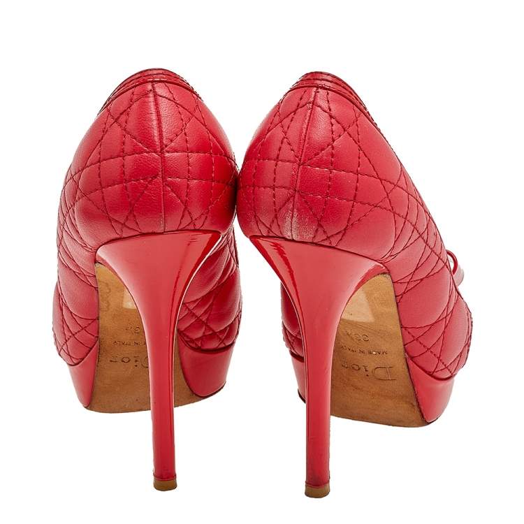 مملوكة مسبقًا Dior Red Cannage Leather Bow Peep Toe Pumps Size 36.5
