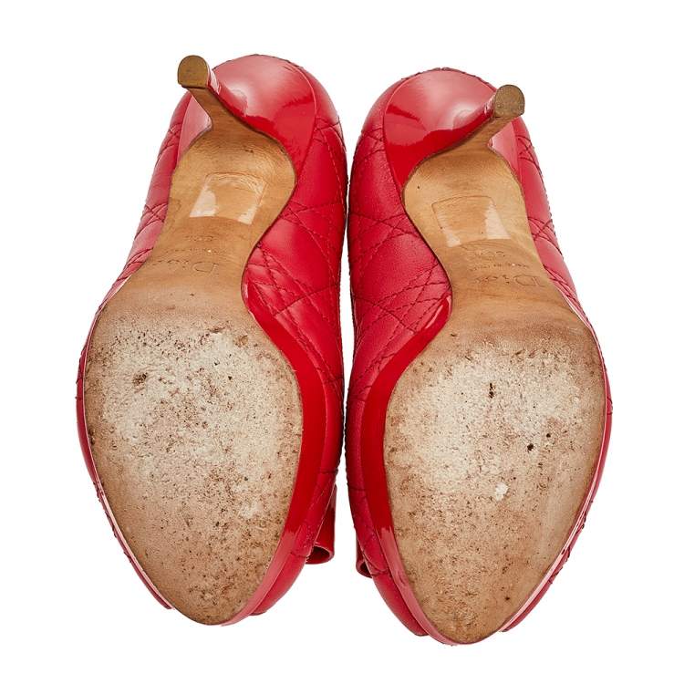 مملوكة مسبقًا Dior Red Cannage Leather Bow Peep Toe Pumps Size 36.5