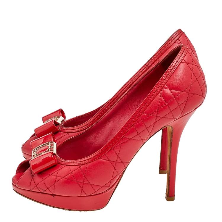 مملوكة مسبقًا Dior Red Cannage Leather Bow Peep Toe Pumps Size 36.5