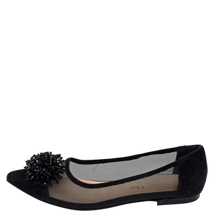 Pre Owned Dior Black Suede And Mesh Embellished Pointed Toe Ballet Flats Size 36
