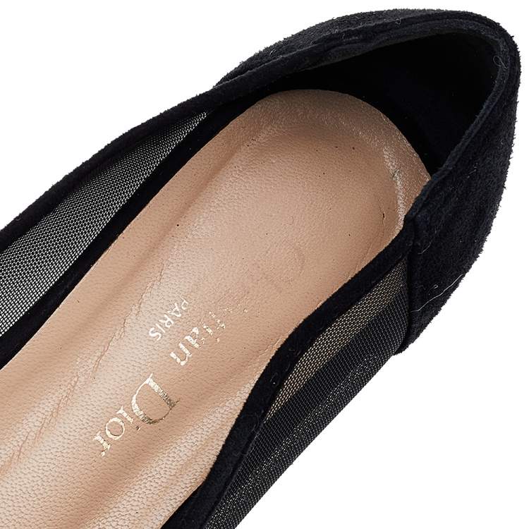 Pre Owned Dior Black Suede And Mesh Embellished Pointed Toe Ballet Flats Size 36