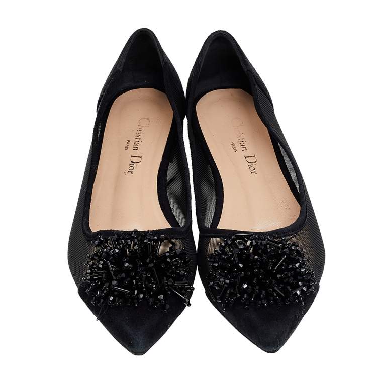 Pre Owned Dior Black Suede And Mesh Embellished Pointed Toe Ballet Flats Size 36
