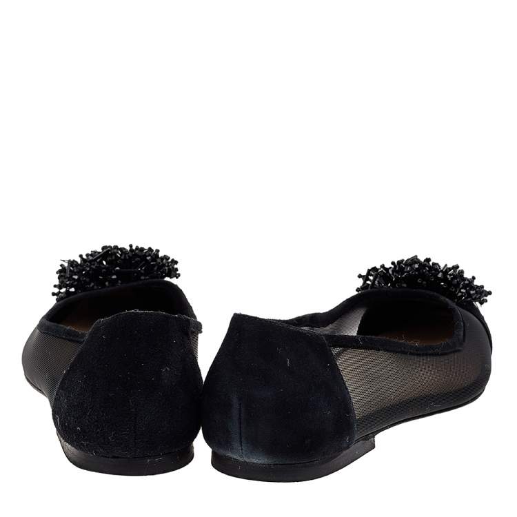 Pre Owned Dior Black Suede And Mesh Embellished Pointed Toe Ballet Flats Size 36