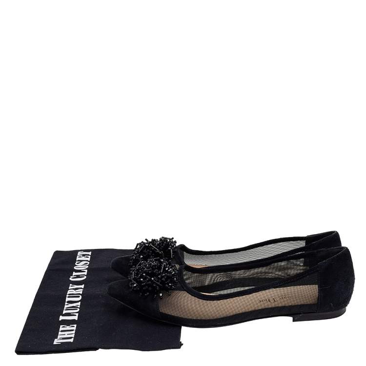 Pre Owned Dior Black Suede And Mesh Embellished Pointed Toe Ballet Flats Size 36