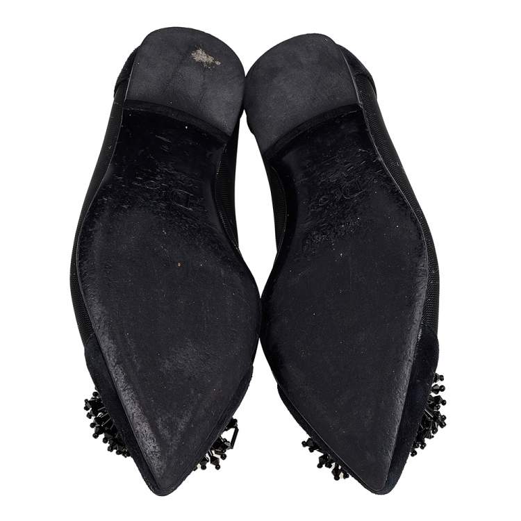 Pre Owned Dior Black Suede And Mesh Embellished Pointed Toe Ballet Flats Size 36