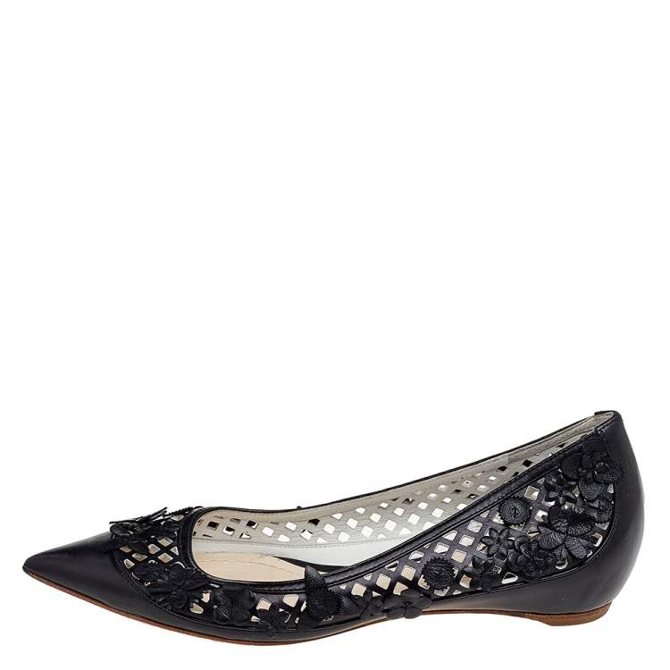 Pre Owned Dior Black Leather Floral Embellished Ballet Flats Size 35.5