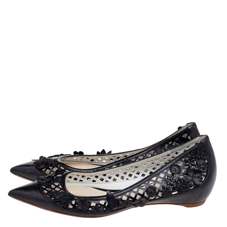 Pre Owned Dior Black Leather Floral Embellished Ballet Flats Size 35.5