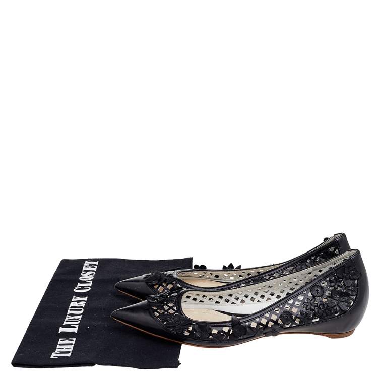 Pre Owned Dior Black Leather Floral Embellished Ballet Flats Size 35.5