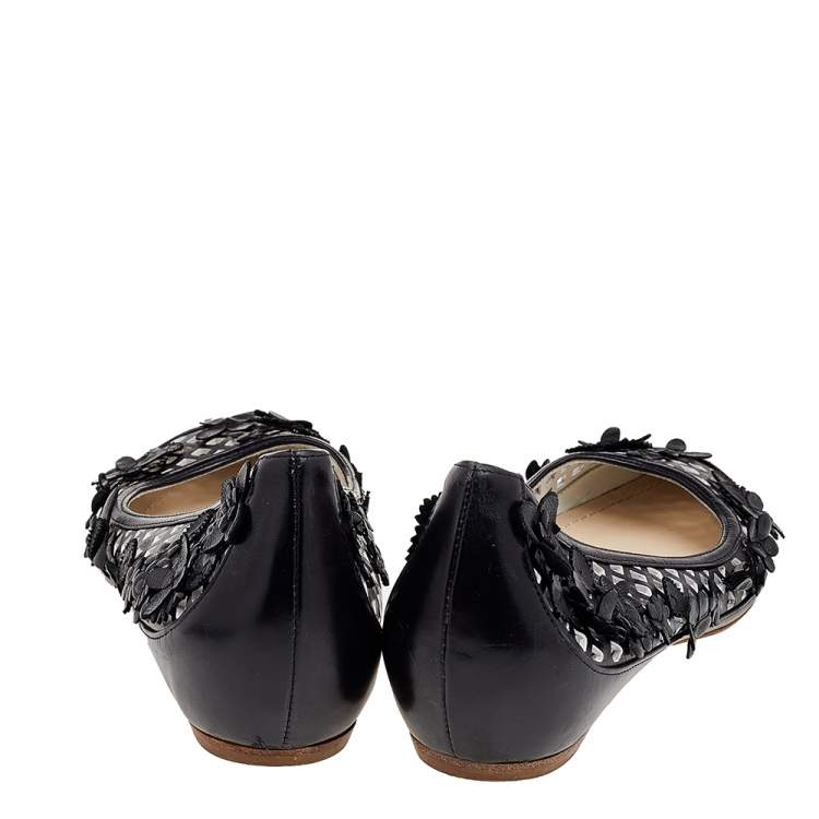 Pre Owned Dior Black Leather Floral Embellished Ballet Flats Size 35.5