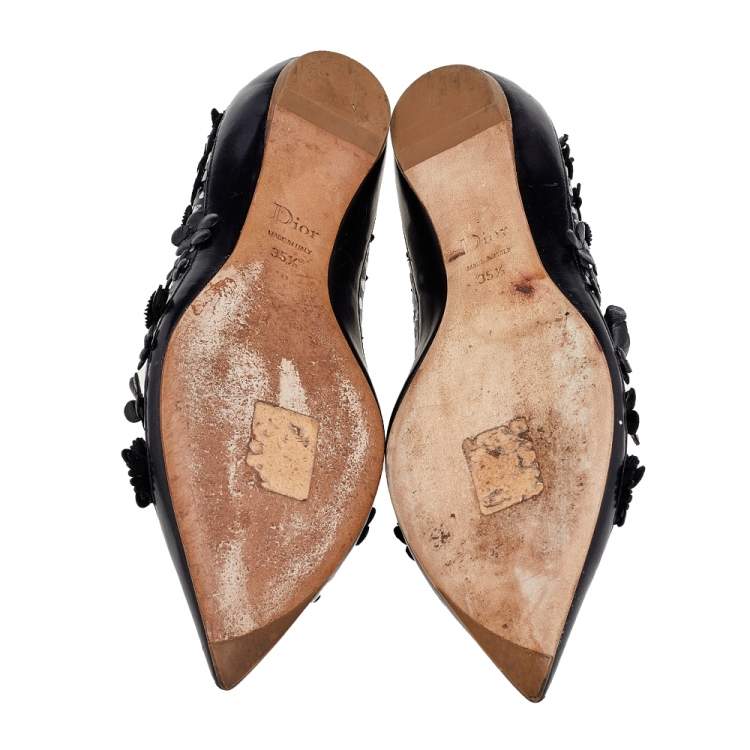Pre Owned Dior Black Leather Floral Embellished Ballet Flats Size 35.5