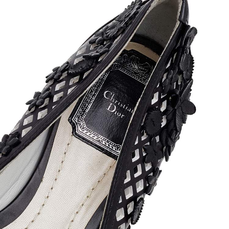 Pre Owned Dior Black Leather Floral Embellished Ballet Flats Size 35.5