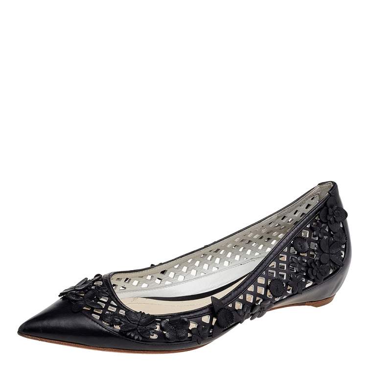 Pre Owned Dior Black Leather Floral Embellished Ballet Flats Size 35.5