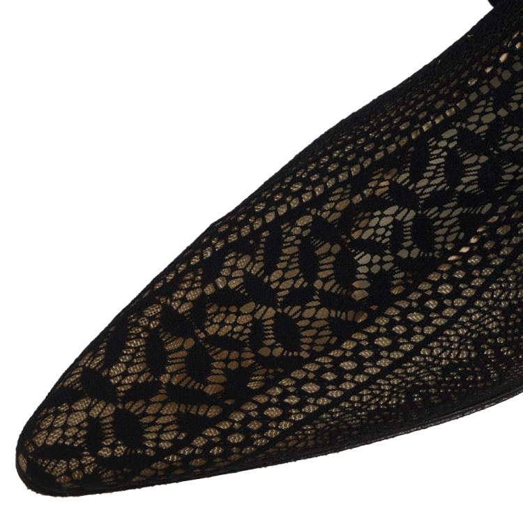 Pre Owned Dior Black Lace And Croc Embossed Leather Over The Knee Boots Size 38