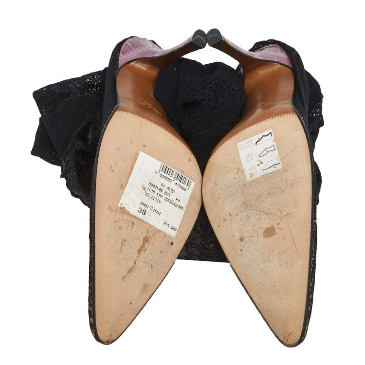 Pre Owned Dior Black Lace And Croc Embossed Leather Over The Knee Boots Size 38