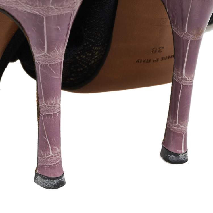 Pre Owned Dior Black Lace And Croc Embossed Leather Over The Knee Boots Size 38