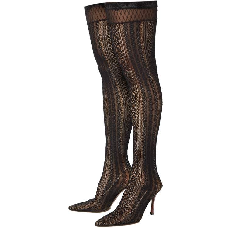 Pre Owned Dior Black Lace And Croc Embossed Leather Over The Knee Boots Size 38