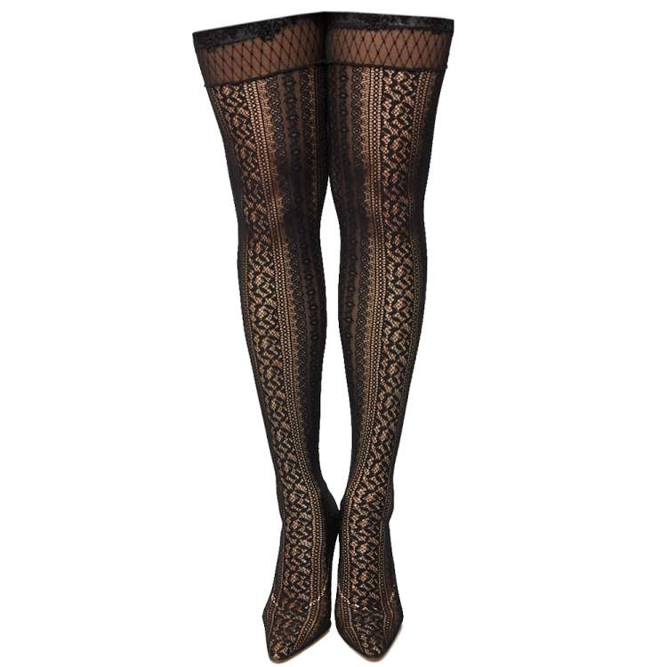 Pre Owned Dior Black Lace And Croc Embossed Leather Over The Knee Boots Size 38