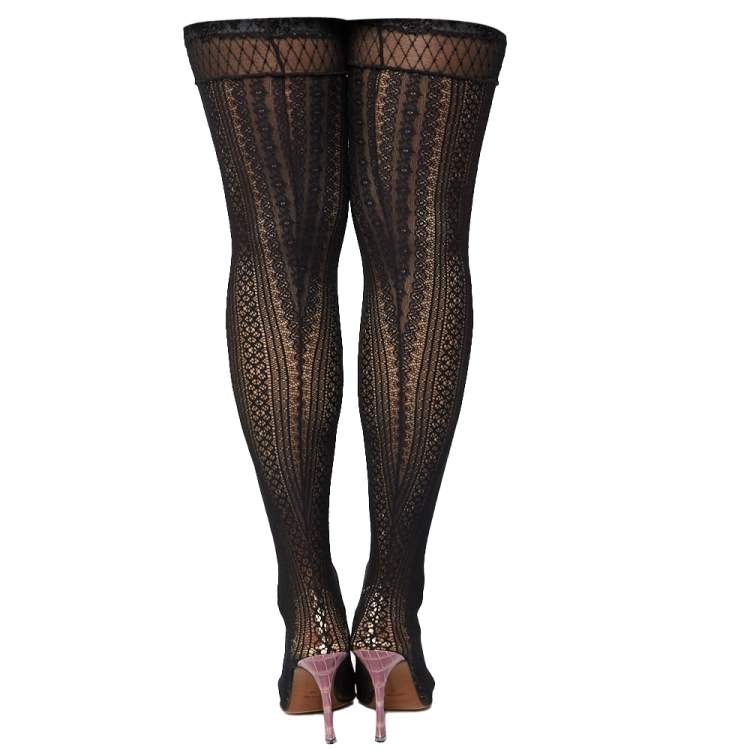 Pre Owned Dior Black Lace And Croc Embossed Leather Over The Knee Boots Size 38