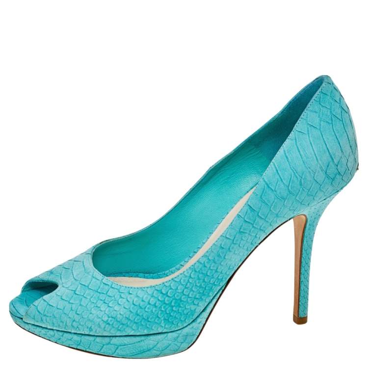 Pre Owned Dior Aqua Blue Python Embossed Suede Miss Dior Peep Toe Platform Pumps Size 40