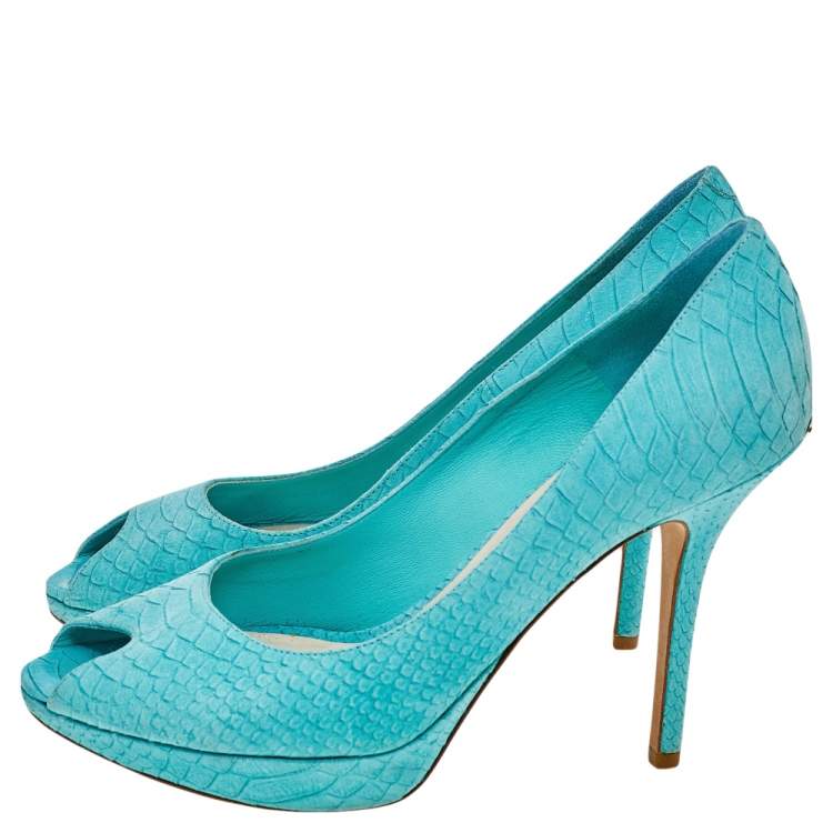 Pre Owned Dior Aqua Blue Python Embossed Suede Miss Dior Peep Toe Platform Pumps Size 40