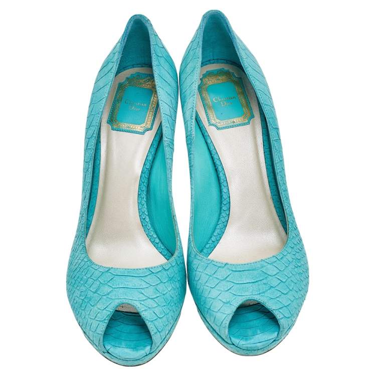 Pre Owned Dior Aqua Blue Python Embossed Suede Miss Dior Peep Toe Platform Pumps Size 40